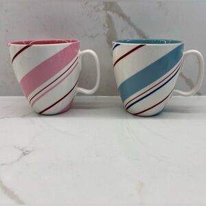 STARBUCKS Holiday 2007 Peppermint Stripe Coffee Cups Pink and Blue Ceramic Mugs